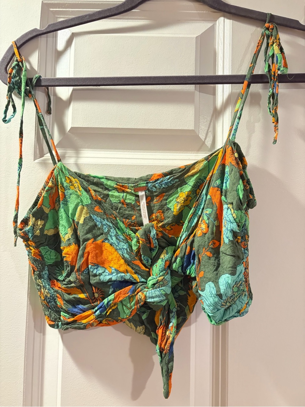 Free People Green Floral Tie-Front Crop Top with Orange & Aqua Accents